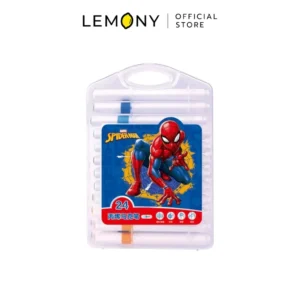 LEMONY เซตปากกาสีอะคริลิค 24 สี ลายสไปเดอร์แมน โชว์หน้ากล่องเคสพลาสติกใสแบบมีหูหิ้วพกพาง่าย หน้ากล่องติดสติกเกอร์กราฟิกซูเปอร์ฮีโร่ Spider-Man ในท่าเตรียมพร้อมพ่นใยสุดเท่บนพื้นหลังสีน้ำเงินเหลืองแนวสตรีท ภายในกล่องเรียงแท่งปากกาโทนสีต่างๆ ไว้เป็นระเบียบครบ 24 เฉดสีเด่นชัด
