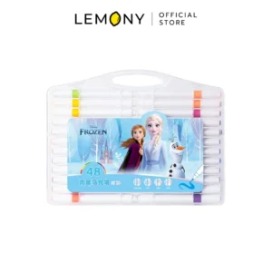 LEMONY เซตปากกาสีอะคริลิค 48 สี ลาย Frozen โชว์หน้ากล่องเคสพลาสติกใสขนาดใหญ่แบบมีหูหิ้วพกพาง่าย หน้ากล่องติดสติกเกอร์กราฟิกเจ้าหญิงเอลซ่า Elsa เจ้าหญิงอันนา Anna และมนุษย์หิมะโอลาฟ Olaf บนพื้นหลังสีฟ้า ภายในกล่องเรียงแท่งปากกาโทนสีพาสเทลและสีสันสดใสครบ 48 เฉดสีเด่นชัด