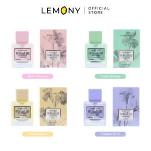 LEMONY น้ำหอมผู้หญิง LIVOLOGY ซีรีส์ Of Dreams and Seasons ขนาด 50 มล. รวมสินค้าขวดแก้วใสทรงลูกบาศก์เรียบหรูทั้ง 4 เฉดกลิ่นวางเรียงคู่กัน โชว์สีสันของน้ำหอมภายในขวดและการ์ดป้ายผูกคอขวดที่แตกต่างกัน