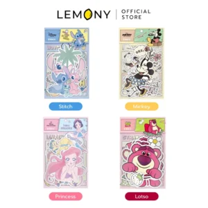 ภาพถ่ายรวม LEMONY ชุดสติ๊กเกอร์ 30 ชิ้น ลายดิสนีย์ รุ่น A75067 วางเรียงกันครบทั้ง 4 ตัวเลือก ได้แก่ ลายสติทช์ ลายมิกกี้เมาส์ ลายเจ้าหญิงดิสนีย์ และลายหมีล็อตโซ่ โชว์ดีไซน์หน้าปกและแพ็กเกจสติ๊กเกอร์ใสสุดน่ารัก