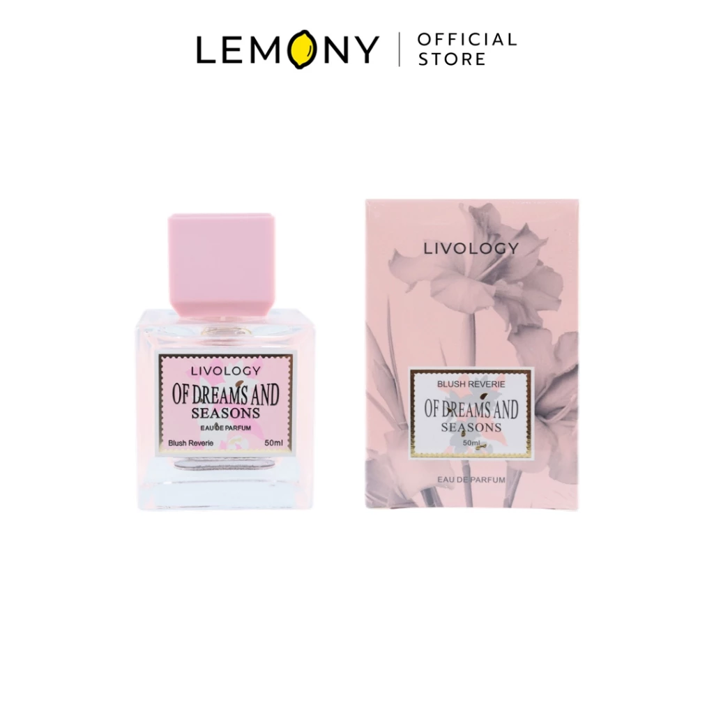 LEMONY น้ำหอมผู้หญิง LIVOLOGY ซีรีส์ Of Dreams and Seasons กลิ่น Blush Reverie ขวดแก้วเนื้อใสทรงลูกบาศก์ โชว์น้ำหอมสีชมพูอ่อนละมุน ผูกด้วยการ์ดป้ายฉลากสีชมพูพาสเทลสดใส ขนาด 50 มล.