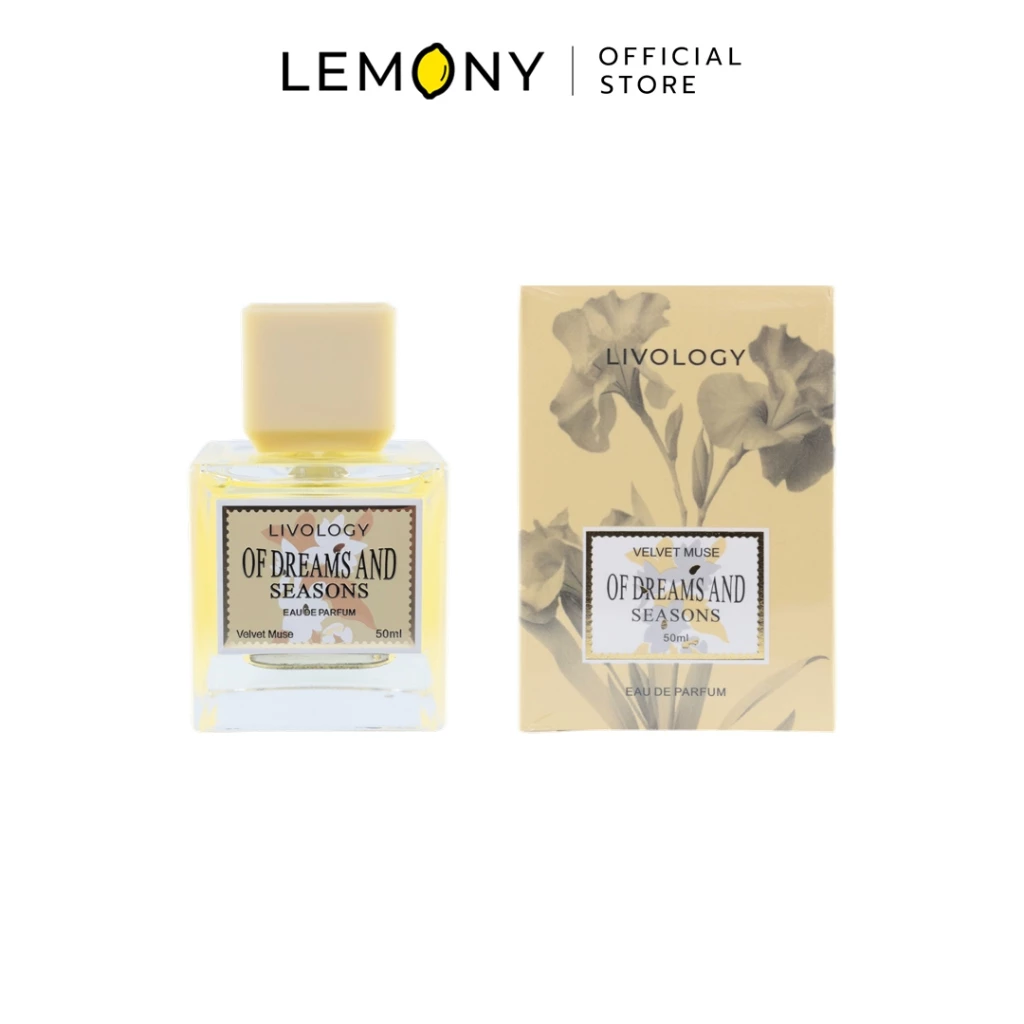 LEMONY น้ำหอมผู้หญิง LIVOLOGY ซีรีส์ Of Dreams and Seasons กลิ่น Velvet Muse ขวดแก้วเนื้อใสทรงลูกบาศก์ โชว์น้ำหอมสีเหลืองทองหรูหรา ผูกด้วยการ์ดป้ายฉลากสีเหลืองมัสตาร์ดนุ่มนวล ขนาด 50 มล.