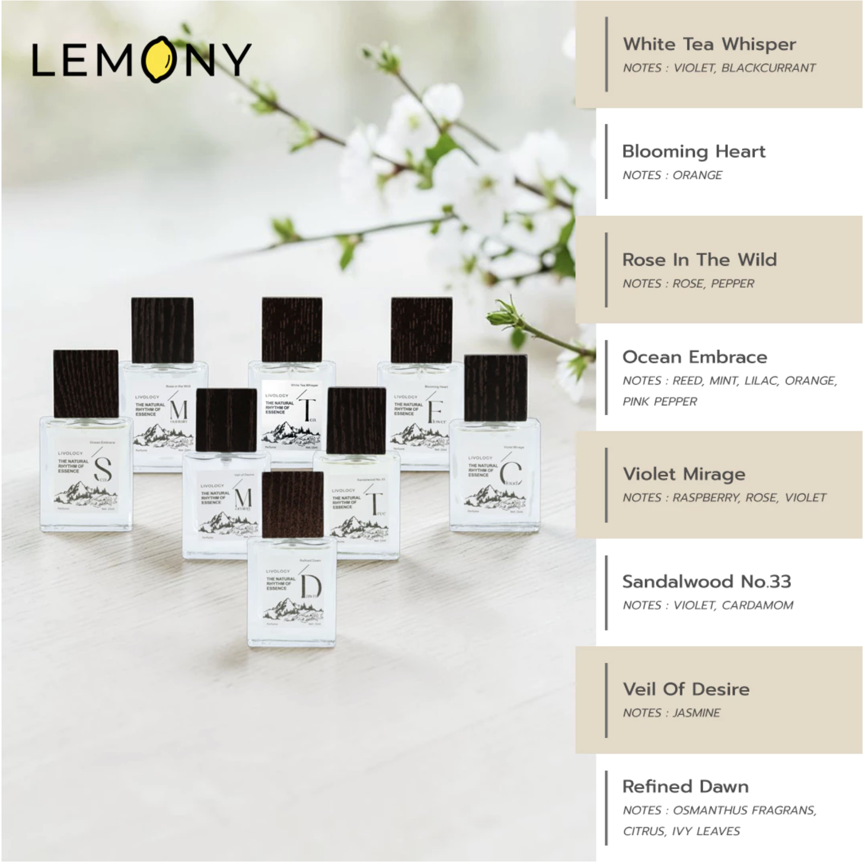 LEMONY น้ำหอมผู้หญิง LIVOLOGY ซีรีส์ The Natural Rhythm Of Essence ขนาด 15 มล. รวมสินค้าขวดแก้วพรีเมียม 4 กลิ่นหลัง ได้แก่ กลิ่น Violet Mirage, Sandalwood No.33, Veil Of Desire และ Refined Dawn วางเรียงอย่างสวยงามสไตล์มินิมอล