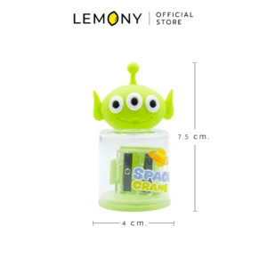กบเหลาดินสอ Alien LEMONY Disney 3D ลายเอเลี่ยน 3 ตา แบบ 2 ช่อง ตัวกระปุกใสสกรีนลาย SPACE CRANE พร้อมอินโฟกราฟิกบอกขนาดหน้ากว้าง 4 ซม. และความสูง 7.5 ซม.