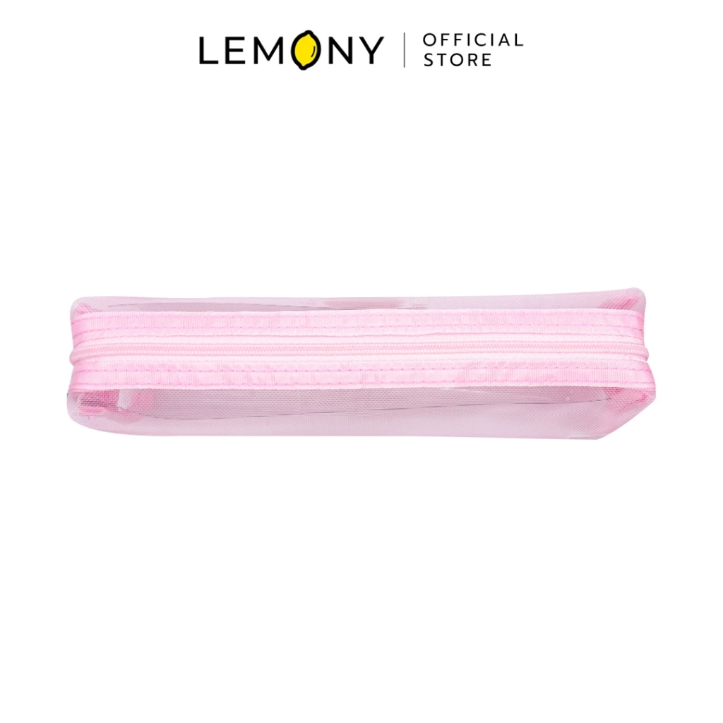 มุมมองด้านบนกระเป๋าดินสอตาข่าย LEMONY Disney ลาย Lotso โชว์แนวซิปสีชมพูพาสเทลรูดเปิดปิดตามยาว พร้อมโลโก้ LEMONY OFFICIAL STORE ด้านบน