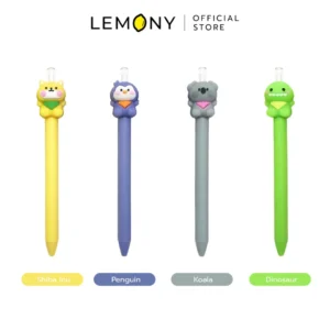 ภาพรวมตัวเลือกผลิตภัณฑ์ LEMONY ดินสอเปลี่ยนไส้ลายเหล่าสัตว์เพื่อนรัก HB ขนาด 14x2 ซม. จัดวางเรียงหน้าตรงฉากหลังขาว 4 ตัวเลือกพร้อมป้ายแถบสีสีนกำกับชื่อลายชัดเจนใต้ภาพ ได้แก่ Shiba Inu, Penguin, Koala และ Dinosaur ด้านบนแสดงโลโก้ Official Store พรีเมียมชัดเจน