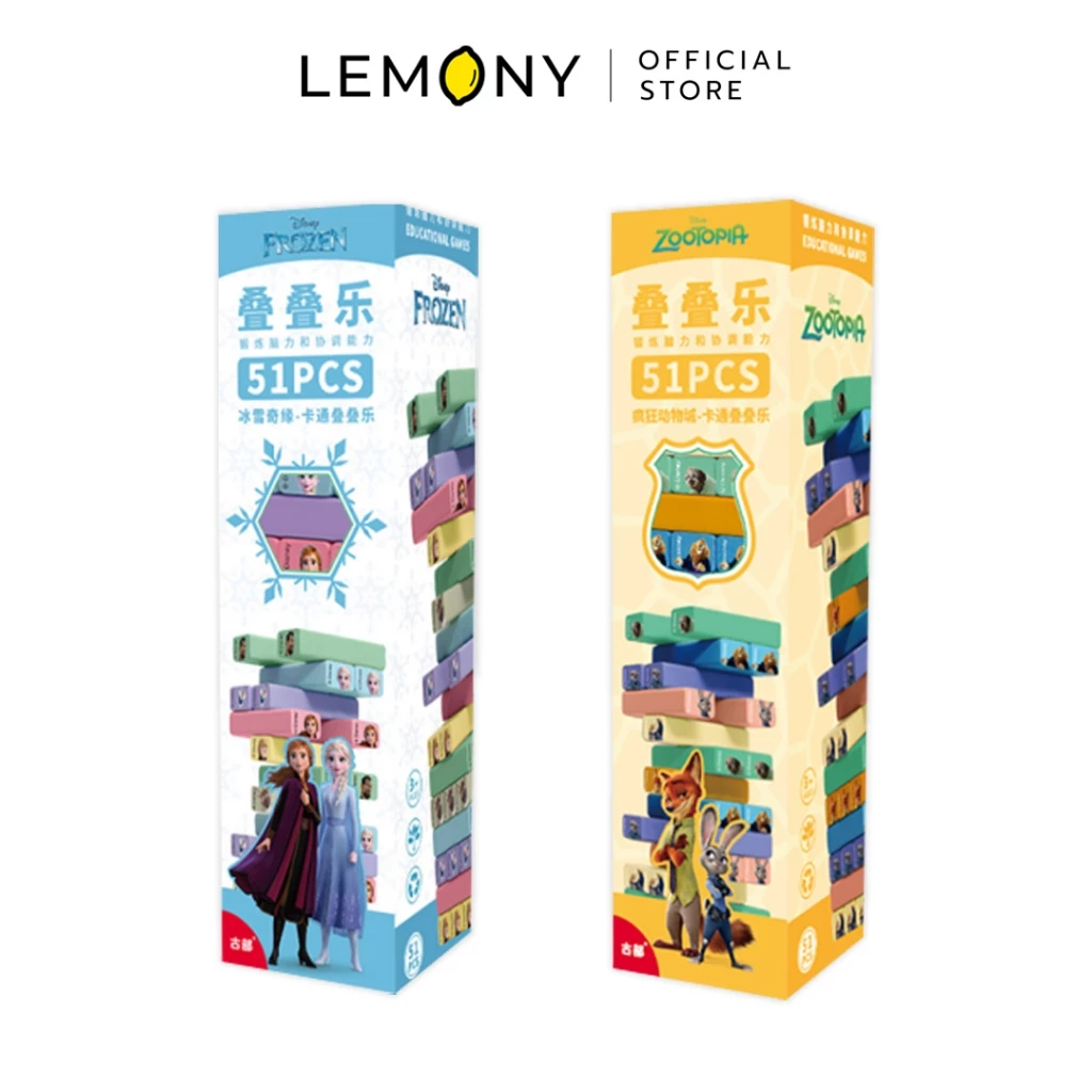 ภาพหลักฉากหลังขาวแสดงรายการสินค้า LEMONY เกมตึกถล่มเจงก้า (51 ชิ้น) - Disney ลิขสิทธิ์แท้ แสดงหอคอยตึกถล่มเจงก้าดีไซน์หน้าตรงจัดตั้งตระหง่านสูง 29 ซม. เคียงคู่กันครบทั้ง 2 ลาย ได้แก่ ลายโฟรเซ่นโทนสีฟ้าพาสเทลชวนฝัน และลายซูโทเปียโทนสีสดใสคัลเลอร์ฟูลสไตล์มินิมอลเกาหลีพรีเมียม โชว์ความหนาแน่นสมส่วนและลายพิมพ์ตัวการ์ตูนรอบด้าน ด้านบนสุดแสดงโลโก้แบรนด์ออฟฟิเชียลเด่นชัดเจน