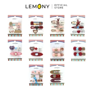 ภาพหลักแสดงรายการสินค้ากิ๊บติดผม กิ๊บหนีบผม ซีรีส์ Lively Girl จัดวางเรียงหน้าตรงบนฉากหลังสีขาวสะอาดตาอย่างเป็นระเบียบรวม 10 แผงตัวเลือก (คละเซ็ตบรรจุแพ็กละ 2-3 ชิ้น) ตัวแทนเครื่องประดับผมเนื้ออะคริลิกผสมโลหะอัลลอยเกรดพรีเมียม ขนาดด้ามยาว 6.5 ซม. ด้านบนระบุโลโก้แบรนด์ LEMONY Official Store ชัดเจนพรีเมียม