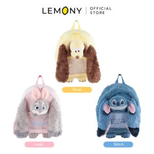ภาพรวมตัวเลือกสินค้า LEMONY กระเป๋าเป้ดิสนีย์ ซีรีส์ Plaid Fuzzy ขนาด 29x12x36 ซม. เคลียร์ฉากหลังขาว จัดวาง 3 ดีไซน์ ประกอบด้วย ลาย Pluto ด้านบนพร้อมป้ายสีเหลือง, ลาย Judy ด้านซ้ายล่างพร้อมป้ายสีชมพู และลาย Stitch ด้านขวาล่างพร้อมป้ายสีฟ้า ระบุชื่อลายชัดเจนใต้ภาพ