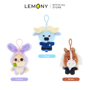 ภาพรวมตัวเลือกสินค้า LEMONY พวงกุญแจตุ๊กตาซูโทเปีย ซีรีส์ Cute เคลียร์ฉากหลังขาว ประกอบด้วย ลาย Finnick ด้านซ้ายล่างพร้อมป้ายสีม่วง, ลาย Bogo ตรงกลางด้านบนพร้อมป้ายสีฟ้า และลาย Brian ด้านขวาล่างพร้อมป้ายสีน้ำตาล ระบุชื่อตัวละครชัดเจนด้านล่าง
