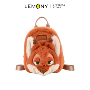 ภาพกราฟิกหน้าตรงฉากหลังขาว LEMONY กระเป๋าสะพายหลังนิค ซูโทเปีย ซีรีส์ Fuzzy ขนาด 21x10x24.5 ซม. ดีไซน์กระเป๋าเป้ทรงกลมขนนุ่มฟูสีส้มอิฐ โดดเด่นด้วยการเย็บแต่งหน้านิค ไวล์ด (Nick Wilde) แบบ 3D โชว์สายตาเจ้าเล่ห์ขี้เล่นและหูตั้งสองข้างสลับสีครีมขาว ด้านบนมีหูหิ้วและโลโก้ LEMONY Official Store