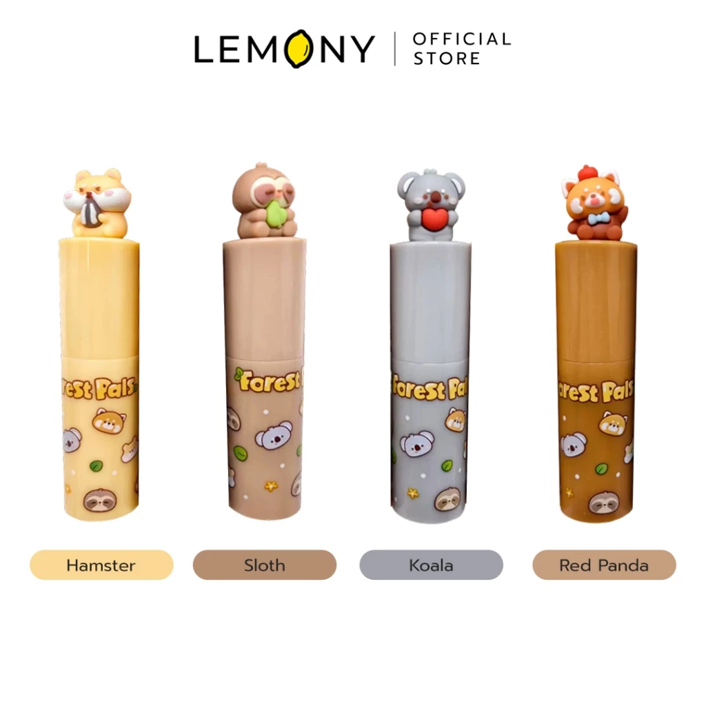 ภาพรวมตัวเลือกผลิตภัณฑ์ LEMONY ยางลบหมุนสไลด์ แก๊งเพื่อนป่า ขนาด 9x2.5 ซม. จัดวางเรียงหน้าตรงฉากหลังขาว 4 ตัวเลือกพร้อมป้ายกำกับชัดเจนใต้ภาพ ได้แก่ Hamster, Sloth, Koala และ Red Panda ด้านบนปักโลโก้แบรนด์พรีเมียมอย่างเป็นทางการ