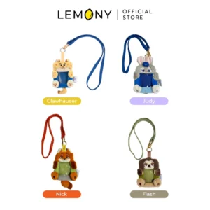 ภาพหลักแสดงรายการสินค้า LEMONY สายคล้องคอใส่บัตรซูโทเปีย Disney Zootopia Collection บนฉากหลังสีขาวสะอาดตา จัดวางสายคล้องคอพร้อมซองการ์ดผ้าตุ๊กตาขนฟูลิขสิทธิ์แท้หน้าตรงเรียงกันอย่างเป็นระเบียบครบทั้ง 4 ดีไซน์ ได้แก่ Judy, Nick, Clawhauser และ Flash โดดเด่นด้วยเนื้อผ้าโพลีเอสเตอร์สีพาสเทลพรีเมียม ด้านบนระบุโลโก้แบรนด์อย่างเป็นทางการชัดเจน