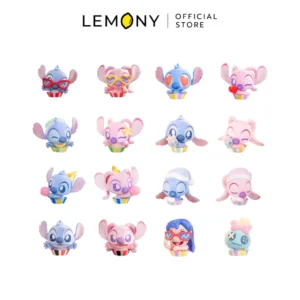 ภาพหลักแสดงรายการสินค้า LEMONY กล่องสุ่มสติทช์ ซีรีส์ Movie Star จัดวางโมเดลฟิกเกอร์ PVC ลิขสิทธิ์แท้ดีไซน์ในถ้วยคัพเค้กสุดชิครวม 16 รูปแบบ (คละลายสติทช์ แองเจิล ลีโล่ และสครับส์) เรียงหน้าตรง 4 แถวอย่างเป็นระเบียบเรียบร้อยบนฉากหลังสีขาวสะอาดตา เผยเนื้องานโพลีเมอร์พรีเมียมลงสีละเอียดคมชัด ด้านบนปักโลโก้แบรนด์ออฟฟิเชียลชัดเจนพรีเมียม