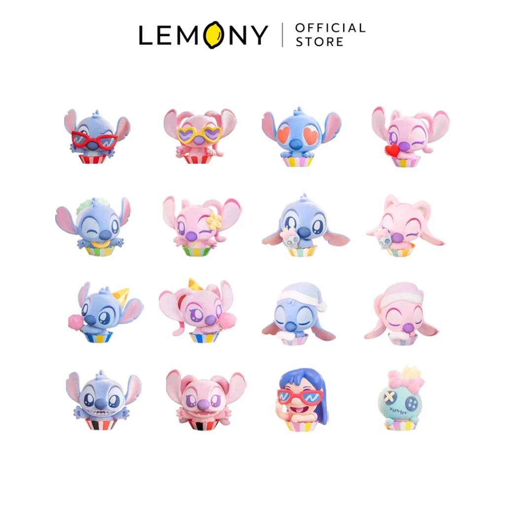 ภาพหลักแสดงรายการสินค้า LEMONY กล่องสุ่มสติทช์ ซีรีส์ Movie Star จัดวางโมเดลฟิกเกอร์ PVC ลิขสิทธิ์แท้ดีไซน์ในถ้วยคัพเค้กสุดชิครวม 16 รูปแบบ (คละลายสติทช์ แองเจิล ลีโล่ และสครับส์) เรียงหน้าตรง 4 แถวอย่างเป็นระเบียบเรียบร้อยบนฉากหลังสีขาวสะอาดตา เผยเนื้องานโพลีเมอร์พรีเมียมลงสีละเอียดคมชัด ด้านบนปักโลโก้แบรนด์ออฟฟิเชียลชัดเจนพรีเมียม