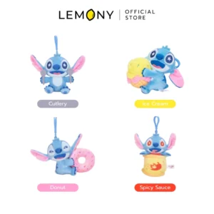 ภาพรวมตัวเลือกสินค้า LEMONY พวงกุญแจตุ๊กตาสติทช์ ซีรีส์ Foodie Friends ขนาด 10 ซม. เคลียร์ฉากหลังขาว จัดเรียง 4 แบบแยกป้ายชื่อ ได้แก่ บนซ้ายลาย Cutlery ป้ายเทา, บนขวาลาย Ice Cream ป้ายเหลือง, ล่างซ้ายลาย Donut ป้ายชมพู และล่างขวาลาย Spicy Sauce ป้ายแดง