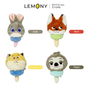 ภาพหลักแสดงรายการสินค้า LEMONY พวงกุญแจตุ๊กตาซูโทเปีย ลิขสิทธิ์แท้ ดีไซน์ไอศกรีมแท่งพาสเทลหวานละมุน จัดวางตัวตุ๊กตาหน้าตรงเรียงกันครบทั้ง 4 ลาย ได้แก่ จูดี้ (Judy) ป้ายเทา, นิค (Nick) ป้ายแดง, คลอว์เฮาเซอร์ (Clawhauser) ป้ายเหลือง และแฟลช (Flash) ป้ายน้ำตาล บนฉากหลังสีขาวสะอาดตา ด้านบนระบุโลโก้แบรนด์ชัดเจนพรีเมียมครับ
