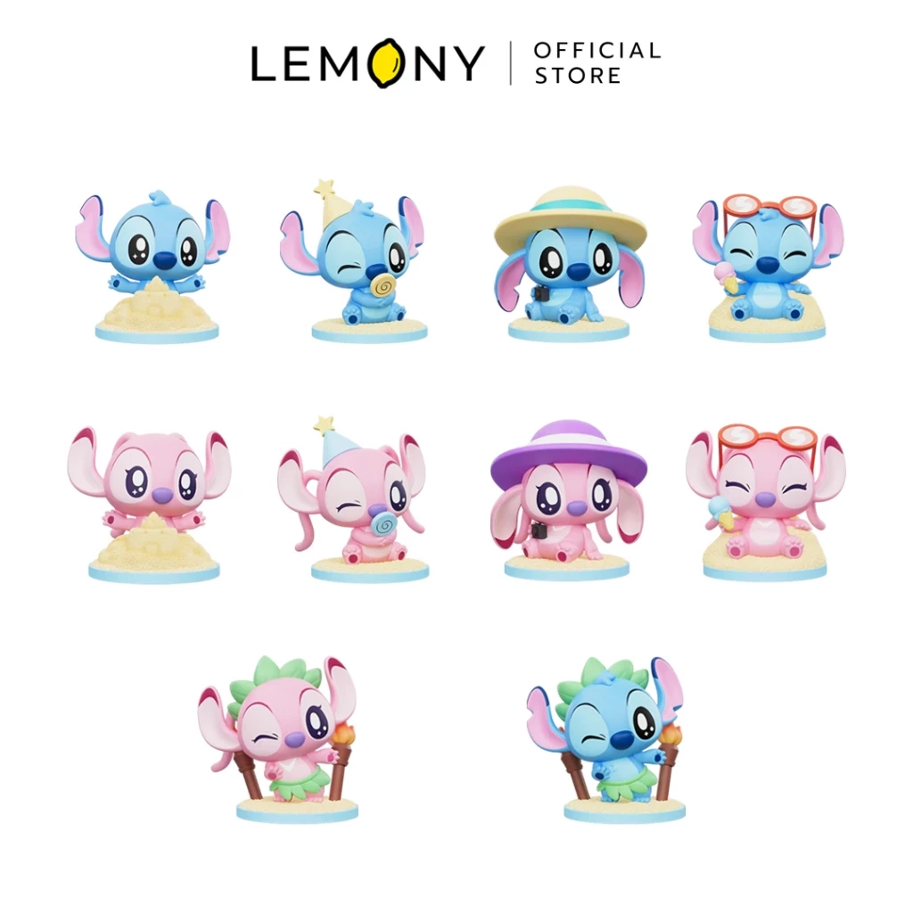 ภาพหลักแสดงรายการสินค้า LEMONY กล่องสุ่มสติทช์ ซีรีส์ Beach Party จัดวางโมเดลฟิกเกอร์ PVC ลิขสิทธิ์แท้ทั้งสติทช์และแองเจิลเรียงหน้าตรงบนฉากหลังสีขาวสะอาดตาอย่างเป็นระเบียบรวม 10 รูปแบบ เผยให้เห็นงานลงสีพาสเทลพรีเมียมและรายละเอียดความน่ารักริมชายหาดฮาวาย ด้านบนระบุโลโก้แบรนด์อย่างเป็นทางการชัดเจน