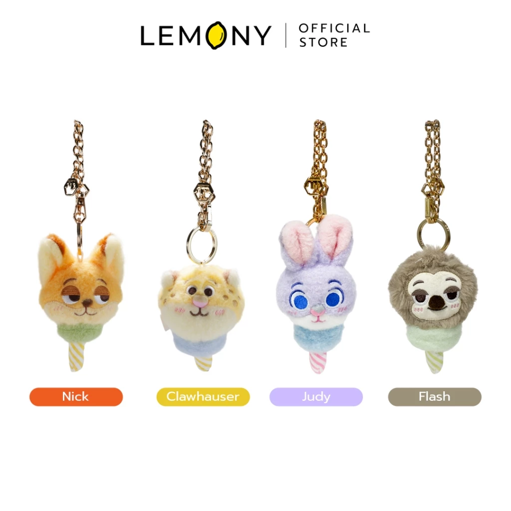 ภาพหลักฉากหลังขาวแสดงรายการสินค้า LEMONY พวงกุญแจตุ๊กตาซูโทเปีย ซีรีส์ Cotton Candy ขนาด 10.5 ซม. ลิขสิทธิ์แท้ จัดวางพวงกุญแจตุ๊กตาผ้าขนฟูหนานุ่มดุจสายไหมหน้าตรงเคียงคู่กันอย่างเป็นระเบียบครบทั้ง 4 แบบ ได้แก่ ลายจูดี้ ลายนิค ลายควอเฮาเซอร์ และลายแฟลช โดดเด่นด้วยงานออกแบบโทนสีพาสเทลหวานละมุนตาชวนฝันสไตล์มินิมอลเกาหลี มาพร้อมสายโซ่ห้อยโลหะสีทองพรีเมียม ด้านบนระบุโลโก้แบรนด์ออฟฟิเชียลชัดเจน