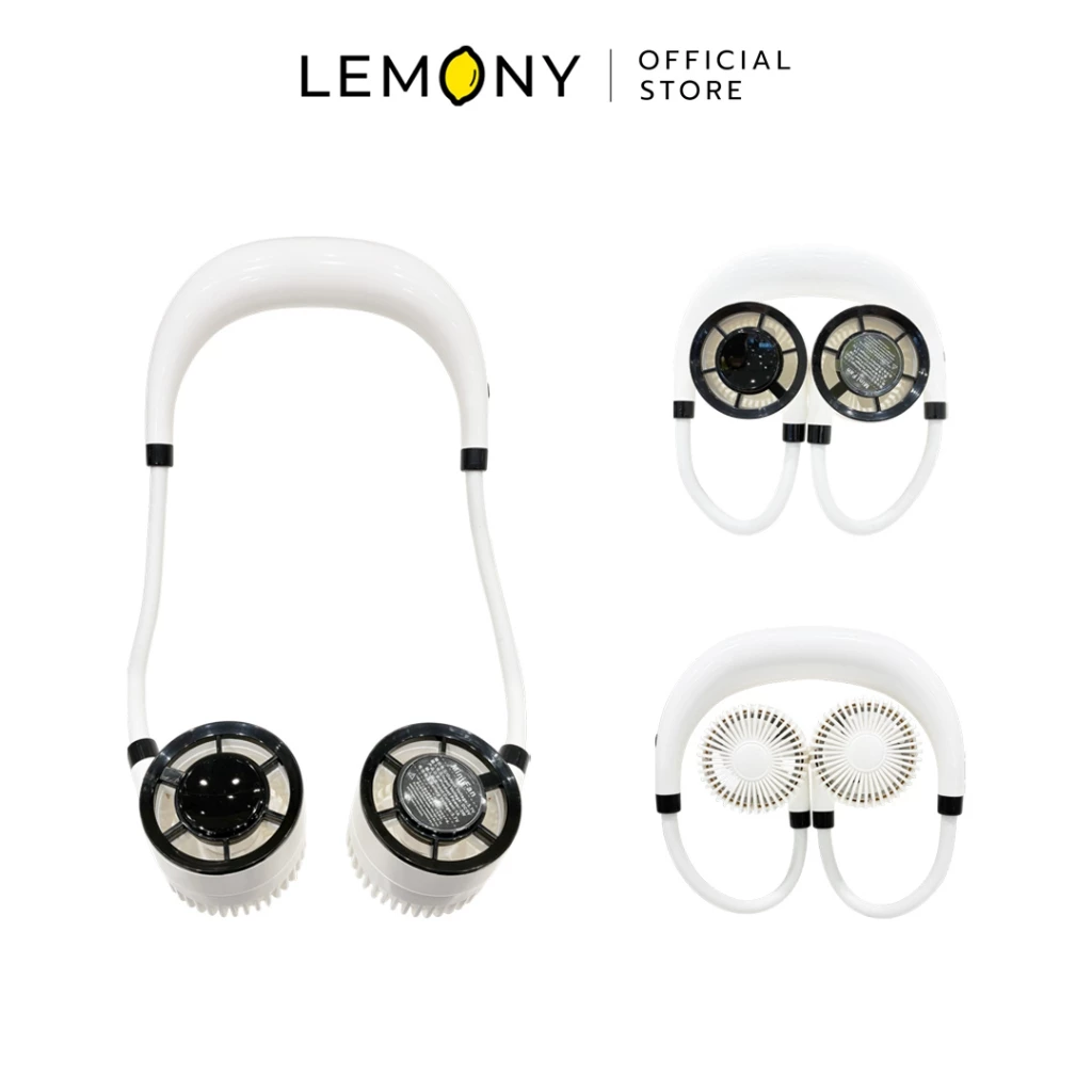 ภาพสินค้าหลักไดคัทฉากหลังขาว จัดวางพัดลมคล้องคอพกพา สีขาว (White) แยกเป็น 3 มุมมอง ฝั่งซ้ายแสดงตัวเครื่องหน้าตรงเต็มตัว, ฝั่งขวาช่องบนแสดงมุมมองการพับเก็บหัวพัดลม และฝั่งขวาช่องล่างแสดงรายละเอียดช่องตะแกรงพัดลมด้านล่าง โครงสร้างประณีตสวยงาม ด้านบนสุดระบุโลโก้แบรนด์ LEMONY Official Store