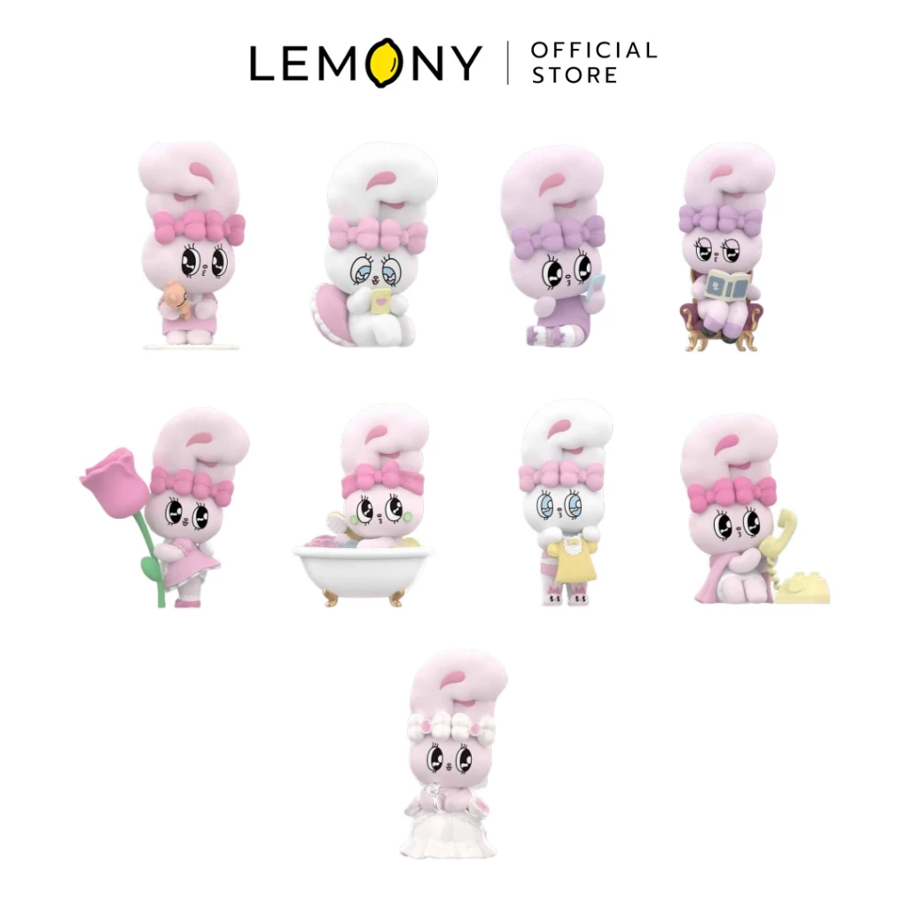 ภาพหลักฉากหลังขาวแสดงรายการสินค้า LEMONY กล่องจุ่มกระต่าย Esther Bunny ซีรีส์ Young Blossom ลิขสิทธิ์แท้ มิติกายภาพสเกล 3.58 x 4.55 x 4.05 ซม. จัดวางองค์ประกอบชุดเซตหน้าตรงประณีต เผยโมเดลฟิกเกอร์วัสดุ PVC รูปทรงกระต่ายชมพูหูยาวกลมมนรักษารูปทรงบาลานซ์สวยงามครบถ้วนทั้ง 9 แบบ โชว์ลายพิมพ์สีกราฟิกรายละเอียดเครื่องแต่งกายและอากัปกิริยาสุดคิ้วท์ ลาย Companion ลาย Selfie และตัวละครพิเศษ Wedding (Secret) ลับสีสันพาสเทลสดฉ่ำคมชัดเจน ครีเอทมู๊ดของสะสมอาร์ตทอยพีวีซีพรีเมียม ระบุโลโก้ตราแบรนด์เลมอนี่ออฟฟิเชียลคมชัดสะดุดสายตา
