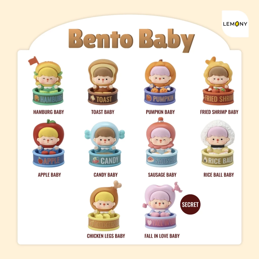ภาพสินค้าหลักฉากหลังสีครีมสว่าง จัดวางองค์ประกอบหน้าตรงของฟิกเกอร์ Bento Baby คอลเลกชันรวม 10 เฉดสีดีไซน์อาหารในถ้วยทรงกลม ได้แก่ Hamburg Baby, Toast Baby, Pumpkin Baby, Fried Shrimp Baby, Apple Baby, Candy Baby, Sausage Baby, Rice Ball Baby, Chicken Legs Baby และลายพิเศษ Fall in Love Baby พร้อมสติกเกอร์สีน้ำตาลระบุคำว่า Secret ด้านบนพิมพ์ชื่อซีรีส์ตัวหนาชัดเจน และมีโลโก้แบรนด์ LEMONY อยู่ที่มุมขวา
