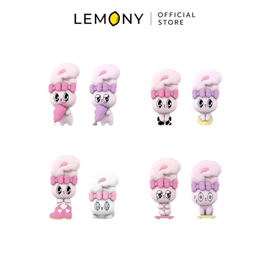 ภาพหลักฉากหลังขาวแสดงรายการสินค้า LEMONY กล่องจุ่ม Esther Bunny ซีรีส์ Little Vlog ลิขสิทธิ์แท้ มิติกายภาพสเกลตัวละครประมาณ 3.75 x 6.2 x 3.05 ซม. จัดวางองค์ประกอบชุดเซตหน้าตรงประณีต เผยโมเดลฟิกเกอร์วัสดุ PVC รูปทรงกระต่ายชมพูขาวสไตล์เกาหลีกลมมนรักษารูปทรงบาลานซ์สวยงามครบถ้วน โชว์ฝีแปรงรายละเอียดเครื่องแต่งกายตามธีม Vlog ประจำวัน พร้อมตัวพิเศษ Wink Bunny ขยิบตา และ Dress up Bunny แต่งตัวสีสันพาสเทลสดฉ่ำคมชัดเจน ครีเอทมู๊ดของสะสมอาร์ตทอยพีวีซีพรีเมียม ระบุโลโก้ตราแบรนด์เลมอนี่ออฟฟิเชียลคมชัดสะดุดสายตา