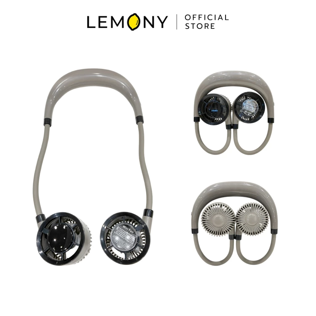 ภาพสินค้าหลักไดคัทฉากหลังขาว จัดวางพัดลมคล้องคอพกพา สีเทา (Grey) แยกเป็น 3 มุมมอง ฝั่งซ้ายแสดงตัวเครื่องมุมมองหน้าตรงเต็มตัว, ฝั่งขวาช่องบนแสดงการพับปรับมุมหัวพัดลมเข้าหากัน และฝั่งขวาช่องล่างแสดงมุมมองตะแกรงระบายลมด้านล่าง รักษารูปทรงสมส่วน ด้านบนสุดระบุโลโก้แบรนด์ LEMONY Official Store