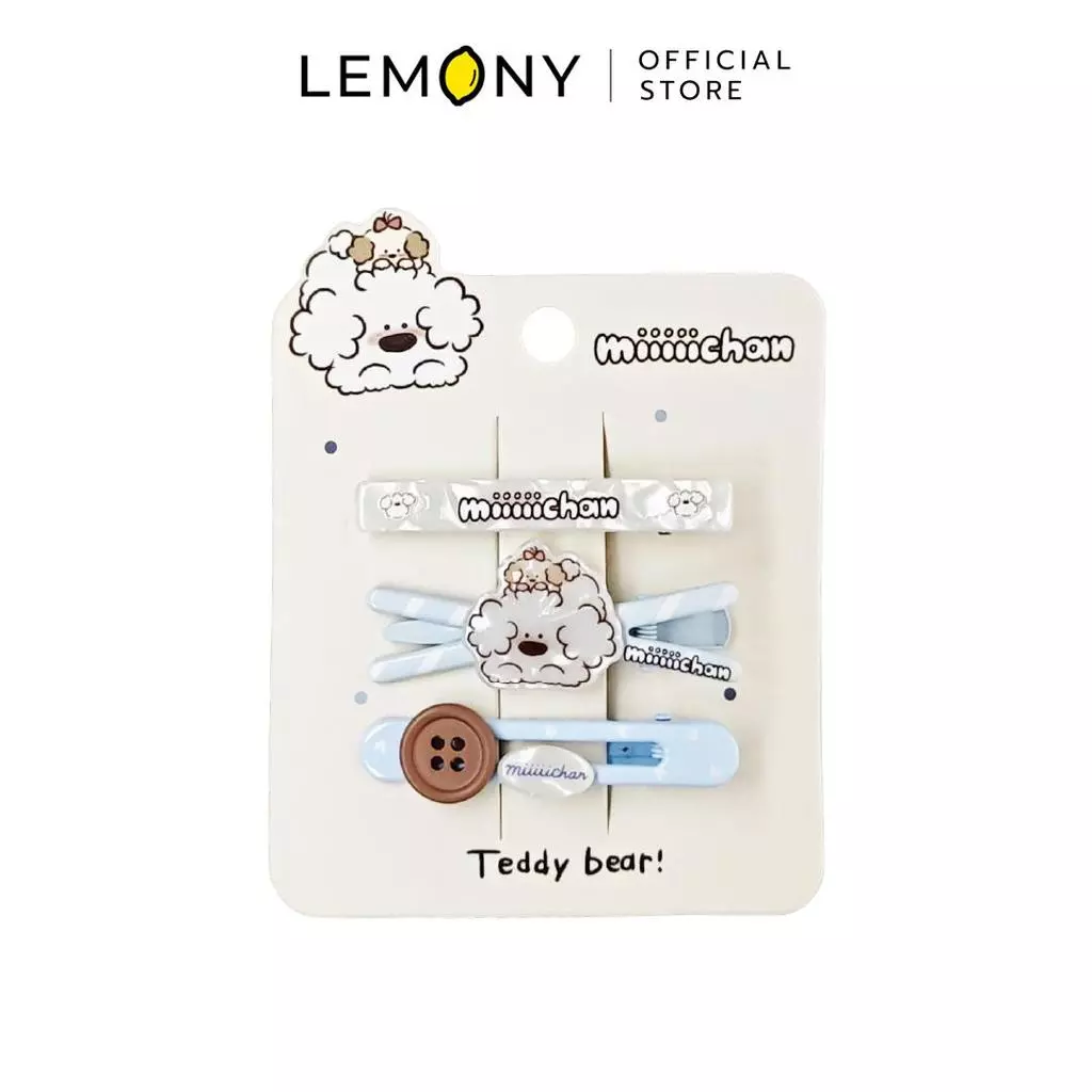 กิ๊บติดผม Miiiiichan 3 ชิ้น เซตกระดุมน้ำตาลและกิ๊บไขว้ลายริ้วฟ้า