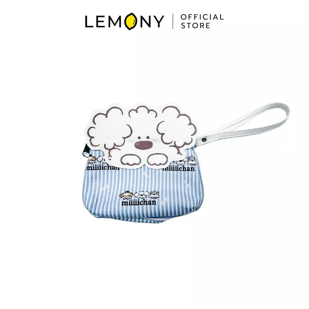 กระเป๋าใส่เหรียญ Miiiiichan ซีรีส์ Blue-Striped ลายริ้วสีฟ้าพร้อมสายคล้องมือและหัว Miiiiichan ด้านหน้