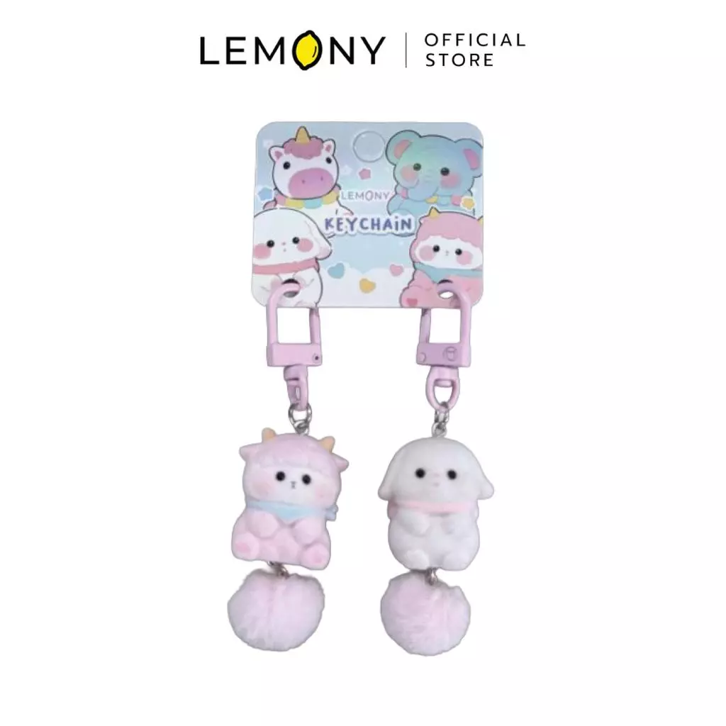 พวงกุญแจคู่โมเดลสัตว์น่ารัก แบบ Rabbit-Lamb กระต่ายและแกะสีชมพู